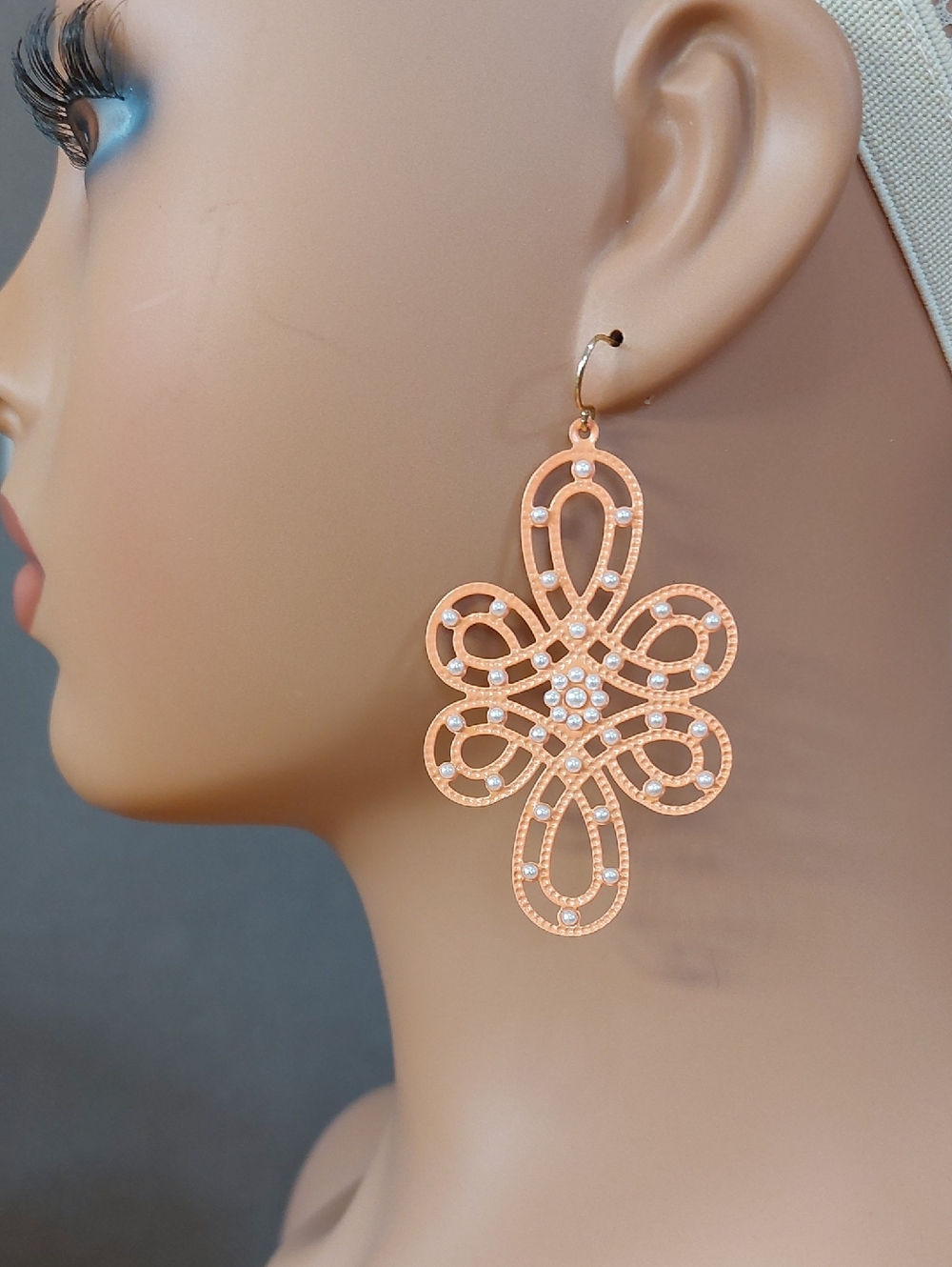 💜5/$25 Coral orange Filigree Cut Out Seed Pearl Statement Earrings